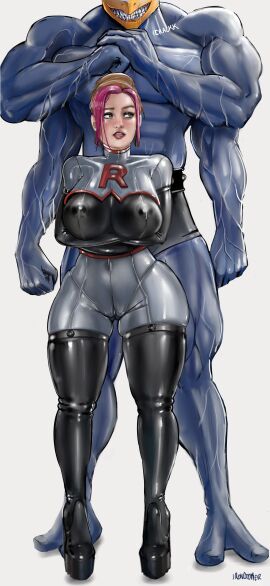 1boy 1girls ass big_breasts bodysuit breasts female ginger_(iron_doomer) iron_doomer latex latex_bodysuit latex_boots latex_clothing latex_gloves latex_legwear latex_stockings latex_suit latex_thighhighs machamp male muscular muscular_male pokemon red_hair team_rocket team_rocket_(cosplay) thick_ass thick_thighs voluptuous