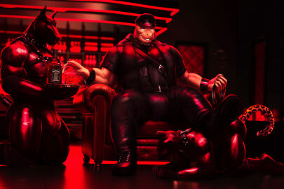 5_fingers alcohol all_fours anthro beard beverage black_bodysuit black_boots black_bottomwear black_bracelet black_claws black_clothing black_collar black_footwear black_harness black_hat black_headwear black_latex black_pants black_shoes black_skinsuit bodysuit bondage bondage_gear boots bottle bottomwear bracelet bulge claws clothing collar container cup digital_media_(artwork) dream_and_nightmare drinking_glass equid equine eyebrows facial_hair felid feline fingers footwear furniture gimp_mask glass glass_bottle glass_container glass_cup group harness hat headgear headwear hi_res holding_leash holding_object horse inside jaguar jewelry kneeling latex latex_clothing leash leg_on_back looking_at_viewer male mammal mask pantherine pants red_light reptile scalie shoes sitting skinsuit tail tight_clothing trio turtle