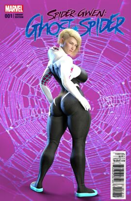 1girls 3d ass back_view big_ass blonde_hair female fredricton gwen_stacy marvel marvel_comics presenting_hindquarters shaved_side skintight spider-gwen spider-man_(series)