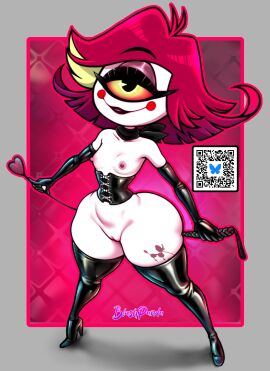 1_eye 1girls alternate_version_available areolae armwear black_corset black_eyes black_gloves black_thighhighs blushpanda bottomless breasts corset elbow_gloves female female_only footwear full_body gloves hair half-closed_eyes hazbin_hotel heels high_heels hips holding_object holding_weapon latex latex_clothing latex_gloves latex_thighhighs niffty nipples orange_sclera pussy red_hair short_hair shortstack small_breasts smile solo solo_female tattoo tattoo_on_thigh thick_thighs thighhighs thighs topless vagina weapon white_body white_skin wide_hips