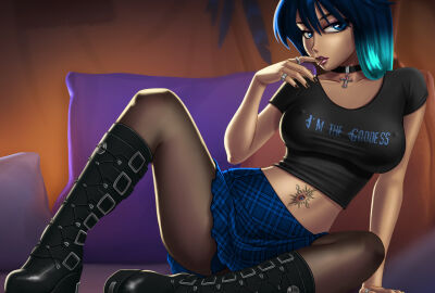 1girls 2d 2d_(artwork) blue_eyes blue_hair boots digital_drawing_(artwork) digital_media_(artwork) eve_(summertime_saga) fanart female female_focus female_only goth goth_girl gothic light-skinned_female light_skin looking_at_viewer naughty naughty_face open_legs pantyhose seduction seductive seductive_eyes seductive_gaze seductive_look seductive_mouth seductive_pose shirt showing_off skirt summertime_saga tease teasing teenage_female teenager