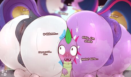 2d absurd_res alicorn animal_genitalia animal_pussy anthro anus ass between_butts big_ass big_butt blush blush_lines bodily_fluids butt_squish dialogue dragon english_text equid equine equine_anus equine_genitalia equine_pussy fangs female feral friendship_is_magic full_color fur genitals group hair hasbro hi_res horn horse larger_female male mammal mane multicolored_hair multicolored_mane multicolored_tail my_little_pony mythological_creature mythological_equine mythological_scalie mythology nosebleed open_mouth pony pony_dreaming puffy_anus purple_body purple_fur purple_hair purple_mane purple_scales purple_tail pussy quadruped raised_tail rarity_(mlp) scales scalie size_difference smaller_male spike_(mlp) squish steam stuck sweat sweaty_ass sweaty_butt sweaty_genitalia sweaty_legs sweaty_thighs tail teeth text trio twilight_sparkle_(mlp) unicorn white_body white_fur wide_eyed wings