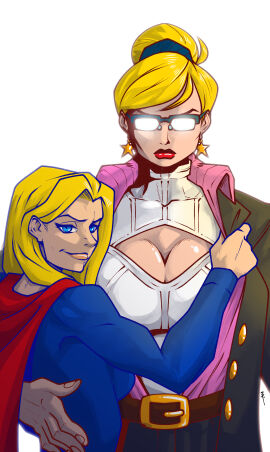 blonde_female blonde_hair blue_eyes boob_window breasts cleavage cleavage_cutout clothed dc dc_comics glasses hair_up kara_zor-el karen_starr kryptonian large_breasts muscular muscular_female pierremateus power_girl secret_identity selfcest supergirl superman_(series) yuri