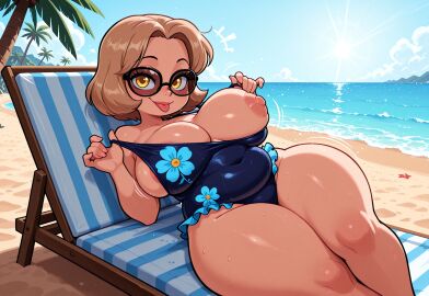 1girls ai_generated areola_slip beach beach_chair belly big_breasts breast_out breasts chubby floral_print huge_breasts looking_at_viewer milf navel nipples ocean one-piece_swimsuit one_breast_out plump pulling_clothing revealing_breasts sea seaside short_hair showing_breasts solo sunglasses swimsuit thick_thighs tongue_out yellow_eyes