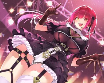 1girls black_gloves black_leotard black_shirt black_skirt breasts cowboy_shot cropped_shirt female garter_straps gloves heterochromia highres hololive hololive_fantasy hololive_japan houshou_marine houshou_marine_(ahoy!!_you're_all_pirates) large_breasts leotard long_hair neji_mawashi3 red_eyes red_hair see-through_clothes see-through_leotard shirt skirt solo stage thighhighs twintails virtual_youtuber white_thighhighs yellow_eyes