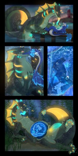 absurd_res anthro aquatic_dragon aroused balls bioluminescence blue_body blush bodily_fluids bubble dragon duo erection fanven_techar feet feral fin fur genital_fluids genitals gills glowing hi_res internal male marine masturbation membrane_(anatomy) mythological_creature mythological_scalie mythology paws penis precum scalie seaweed sergal shade_okami soft_vore swallowing tail toes tongue tongue_out underwater vore water webbed_feet white_body white_fur