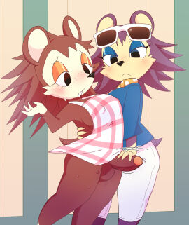 animal_crossing anthro apron apron_only balls blush bodily_fluids bottomwear brown_body clothing duo eulipotyphlan eyeshadow eyewear eyewear_on_head female futanari genital_fluids genitals handjob hedgehog hi_res incest_(lore) intersex intersex/female jacket labelle_able makeup mammal nintendo pants penile penis precum purple_body sable_able sex sibling_(lore) sister_(lore) sisters_(lore) sunglasses sunglasses_on_head sweat tail tetsuwan topwear