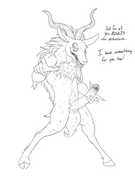 2017 absurd_res anthro athletic athletic_male balls balls_tuft big_balls big_penis bovid caprine chest_tuft christmas claws cloven_hooves constricted_pupils crotch_tuft demon dracovar_valeford english_text erection eyebrows facial_hair fangs foreskin front_view full-length_portrait genitals gesture goat goatee hand_gesture hi_res holding_penis holidays hooves horn humanoid_genitalia humanoid_penis innuendo krampus line_art long_penis looking_at_viewer loose_foreskin male male_anthro mammal mane open_mouth open_smile penis pointing pointing_at_viewer portrait pupils retracted_foreskin simple_background small_pupils smile snout solo standing story story_in_description talking_to_viewer teeth text thick_eyebrows tuft uncircumcised white_background