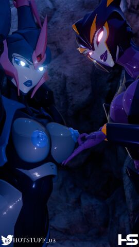 2girls 3d airachnid airachnid_(trawert) arcee arcee_(prime) arcee_(prime)_(trawert) artist_logo blue_eyes blue_lips blue_nipples breasts caressing_breasts female female_only femdom glowing_eyes hotstuff lesbian lezdom medium_breasts nipples pink_eyes purple_lips restrained robot robot_girl robot_humanoid transformers transformers_prime trawert yuri