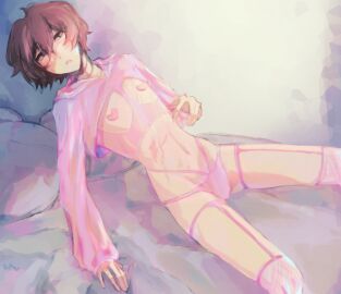 1boy 1cuntboy 2d androgynous brown-haired_male brown_eyes brown_hair bungo_stray_dogs bungou_stray_dogs clothed clothing crossdressing crossdressing_male cuntboy dark_brown_hair dark_hair dazai_osamu digital_media feet_out_of_frame femboy feminine feminine_male garter garter_band garter_belt garter_straps garters head_back hoodie in_bed in_bedroom intersex laying laying_back laying_down light-skinned_male light_skin lingerie looking_up lying male male_focus male_only no_visible_genitalia no_visible_penis osamu_dazai pale-skinned_male pale_skin panties penis pink_clothing pink_hoodie pink_lingerie pink_shirt short-haired_male short_hair skinny skinny_male skinny_waist solo stockings suggestive suggestive_look