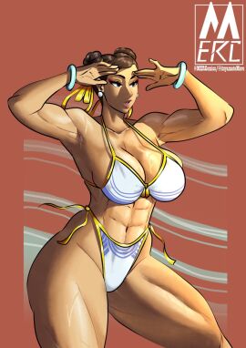 1girls abs armpits bikini blush breasts brown_eyes brown_hair bun_cover cameltoe capcom chun-li cleavage collarbone covered_nipples double_bun earrings female female_only fully_clothed hair_bun heart huge_breasts jewelry large_breasts lips looking_at_viewer micro_bikini muscular navel open_mouth pussy simple_background skindentation solo street_fighter street_fighter_6 swimsuit text thick_thighs twitter_username watermark