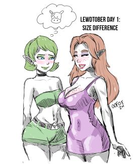 2girls belly_button blue_eyes bodycon breast_awe breast_envy breast_size_difference breasts choker dress elf elf_ears envy eyeshadow female female_only freckles freckles_on_breasts freckles_on_face green_eyeshadow green_hair green_lips green_lipstick green_makeup inktober large_breasts lipstick makeup malon multiple_females multiple_girls navel_piercing ocarina_of_time oofoe orange_hair pierced_navel piercing saria self_upload short_dress short_hair short_shorts small_breasts the_legend_of_zelda the_legend_of_zelda:_ocarina_of_time tight_clothing