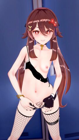1girls 3d ambiguous_pov belt_on_leg black_fingernails black_hotpants black_topwear breasts brown_hair choker female female_only fishnet_thighhighs fishnets flower-shaped_pupils free_use genshin_impact glove golden_penis hotpants hu_tao_(genshin_impact) kksallyear koikatsu light-skinned_female light_skin long_hair looking_at_viewer male nipples no_bra no_panties opening_pants penis posing_for_the_viewer pubic_tattoo ready_to_fuck red_eyes slut_tattoo small_breasts small_top smirking smirking_at_viewer tagme tattoo tattoo_on_waist teeth twintails unzipped_shorts wardrobe_malfunction wet_body