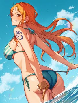 1girls adjusting_clothes arm_tattoo ass back bikini blue_sky blue_tattoo blush breasts curvy day earrings female female_only halterneck highres jewelry kurage20001 large_breasts log_pose looking_at_viewer nami_(one_piece) one_piece orange-haired_female orange_eyes orange_hair pearl_earrings post-timeskip shoulder_tattoo side-tie_bikini_bottom sky smile solo string_bikini striped_bikini striped_clothes swimsuit tattoo tattoo_on_arm tattooed_arm thong thong_bikini water white_earrings wide_hips