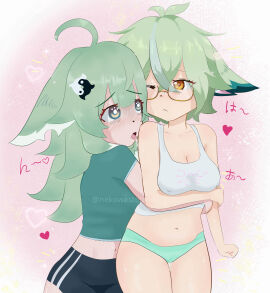clothed cute drooling female fox fox_ears genshin_impact glasses green_hair honkai:_star_rail hugging_from_behind huohuo_(honkai:_star_rail) kemonomimi licking nekowasteland pajamas sleepover spit sucrose_(genshin_impact) sweat yuri