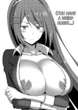 1girls arms_crossed big_breasts black_and_white black_hair blush blush_lines breasts breasts_out chabashira_sae classroom_of_the_elite english_text female female_only hairclip large_breasts looking_at_viewer nipple_slip no_color open_clothes solo text