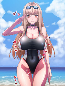 ass_visible_through_thighs black_choker black_one-piece_swimsuit bouncing_breasts breasts brown_eyes brown_hair cameltoe choker cleavage competition_swimsuit covered_navel female goddess_of_victory:_nikke goggles goggles_on_head highleg highleg_one-piece_swimsuit huge_breasts kemurin long_hair looking_at_viewer official_alternate_costume one-piece_swimsuit pussy rapi_(classic_vacation)_(nikke) rapi_(nikke) salute solo swim_goggles swimsuit thighs twitter two-tone_swimsuit