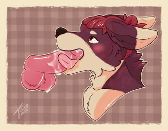 anthro balls blowjob blowjob_face bodily_fluids canid canine canis crimm crimm_(crimm) duo erection fellatio genital_fluids genitals hair hi_res male male/male mammal oral penile penis sex simple_background smile solo tongue wolf