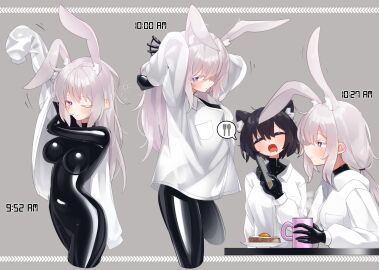 2020s 2024 4girls animal_ears black_hair bodysuit bodysuit_under_clothes bondage bread breakfast bunny_ears bunny_girl cat_ears cat_girl catgirl cellphone female female_only food fried_egg highres jpg kuro_(maguro27) latex latex_bodysuit latex_clothing latex_suit latex_under_clothes long_hair maguro27 multiple_females multiple_girls original original_character pink_hair purple_eyes rabbit_ears see-through_clothes shiny_clothes shiraishi_(maguro27) shirt short_hair skin_tight tight_clothing yawn