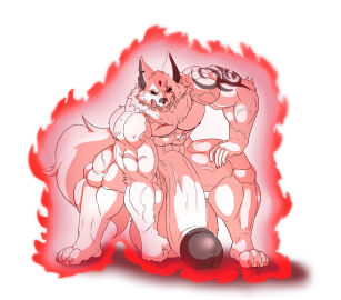 abs absurd_res anthro arm_tattoo aura balls big_balls big_penis canid canine canis claws crouching ear_piercing eye_scar facial_scar flaccid forehead_gem fur gem genitals growth hi_res huge_balls huge_cock hyper hyper_balls hyper_genitalia hyper_penis male mammal muscle_growth muscular muscular_male nipples pecs penis piercing scar sharp_teeth solo tail tattoo teeth toe_claws umbreoncloud vein veiny_arms veiny_muscles white_body white_fur wolf