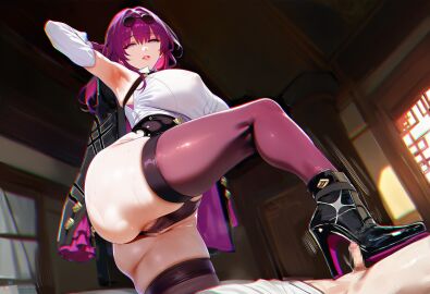 ai_generated armpit_crease bed caelus_(honkai:_star_rail) cameltoe censored clenched_teeth cottonmilk dominant_female female_on_top femdom foot_fetish heel_boots heels honkai:_star_rail humiliation kafka_(honkai:_star_rail) purple_eyes purple_hair sitting sitting_on_another sitting_on_face sitting_on_person small_penis small_penis_humiliation sph stepped_on stepping_on_penis stomping submissive submissive_male sweat sweating tied_balls tied_penis