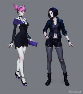 2023 2d 2girls artist_name boots clothed clothed_female clothing color dc dc_comics demon demon_girl dress duo earrings female female_only footwear forehead_jewel full_color glasses goth goth_girl grey_background hand_on_hip high_heels holding_object humanoid jacket jewelry jinx_(dc) legs light-skinned_female light_skin midriff multiple_females multiple_girls navel necklace non-nude open_toe_heels open_toe_shoes pale-skinned_female pale_skin piercing pink_hair purple_eyes purple_hair raven_(dc) sfw short_hair shorts simple_background standing stockings tarakanovich teen_titans toes