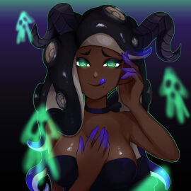 1girls breasts choker cleavage dark-skinned_female dark_skin female green_eyes large_breasts long_hair looking_at_viewer marina_(splatoon) mole mole_under_mouth nintendo norishiitsu octoling octoling_girl purple_tongue solo splatoon splatoon_(series) splatoon_2 tentacle_hair tongue tongue_out