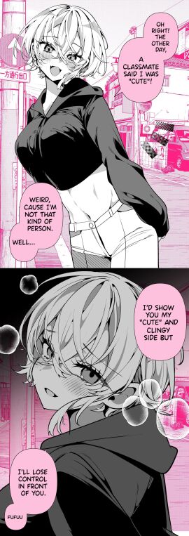 1girls a_boyish_girlfriend_in_high_humidity belly_button blush breasts clothed crop_top dialogue english english_text female female_focus manga navel open_mouth original original_character ouchi_kaeru pink_background short_hair solo solo_focus steam sweat tomboy translated