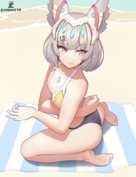 1girls absurdres anger_vein animal_ears annoyed ass bare_shoulders barefoot bikini blade_(xenoblade) bottom_heavy breasts cat_ears core_crystal crown facial_mark female frustrated green_eyes highres looking_at_viewer lotion nia nia_(blade) on_knees queen_nia seiza short_hair sitting small_breasts solo solo_female suntan_lotion swimsuit tongue tongue_out wariza xenoblade_(series) xenoblade_chronicles_2 xenoblade_chronicles_3 zambonito