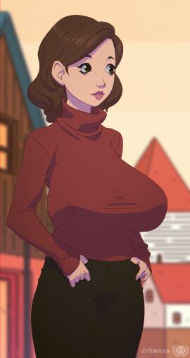 amaurymangaka ass big_ass big_breasts breasts brown_eyes brown_hair brown_pants female hands_on_hips hands_on_pants hilda_(series) huge_ass huge_breasts johanna_(hilda) large_ass large_breasts light-skinned_female light_skin lipstick milf pants pink_lipstick red_sweater short_hair standing sweater wide_hips