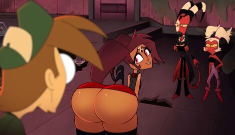 ass ass_focus barbie_wire barbie_wire_(human) blitzo_(helluva_boss) brother_and_sister casual casual_nudity clothed demon demon_girl edit female helluva_boss huge_ass jimmy_(helluva_boss) moxxie_(helluva_boss) moxxine_(helluva_boss) nerota no_underwear public public_nudity teasing underass