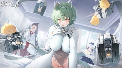 3girls 4animals admiral_nakhimov_(azur_lane) azur_lane background_characters belly_button bodysuit breasts cat_ears cat_girl catgirl daisen_(azur_lane) eagle_union_(azur_lane) female finger_lick green_hair hair_between_eyes halford_(azur_lane) highres huge_breasts light-skinned_female light_skin looking_at_viewer manjuu_(azur_lane) northern_parliament_(azur_lane) sakura_empire_(azur_lane) see-through_clothing short_hair solo_focus tagme white_bodysuit yellow_eyes zhaoweiqing520