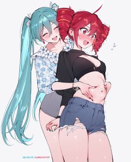 2girls aqua_hair belly belly_grab blue_hair blush bracelet breasts casual_clothes cleavage closed_eyes drill_hair earrings eyelashes female female_only flustered grabbing_belly happy hatsune_miku head_tilt heavy_blush highres jean_shorts kasane_teto light-skinned_female light_skin long_hair nail_polish nails navel open_eyes open_mouth open_smile qiandaiyiyu red_hair shorts small_breasts smile standing stomach surprised sweatdrop tagme thighs topwear torn_jeans twintails utau vocaloid white_background yuri