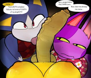 1futa 2boys animal_crossing ankha anthro bob_(animal_crossing) cat_ears dialogue foreskin futa_on_male futa_pov futanari huge_cock licking_penis male nintendo penis_against_face penis_awe penis_on_face pov recoverycore2 rover_(animal_crossing) sweat text yellow_fur
