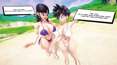 2girls 3d big_breasts bikini black_hair breasts chichi dragon_ball dragon_ball_z english english_text female_focus female_only huge_breasts large_breasts long_hair milf short_hair text thick thick_thighs thighs ultimabox videl