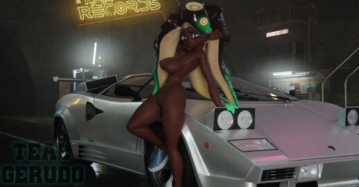 3d 3d_(artwork) areola areolae blender blender_(software) blender_cycles breasts car casual completely_naked completely_nude dark-skinned_female dark_skin female lamborghini long_hair looking_at_viewer marina_(splatoon) marina_(wo262) neon_lights nipples no_bra no_panties nude nude_female outdoors outside pinup splatoon splatoon_2 street tealgerudo tentacle watermark wo262_(3d_model_style)