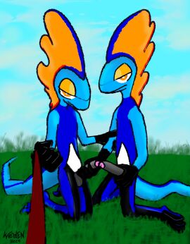 2024 3_toes 5_fingers absurd_res amphibian angry anthro aroused balls beckoning bedroom_eyes black_skin blue_body blue_skin closed_smile cloud cocky collar day diamond_(marking) dominant dominant_anthro dominant_male duo erection extended_arm eyelids facing_each_other feet field foreskin frill_(anatomy) front_view frottage frown frowning_at_viewer frustrated full-length_portrait glistening grabbing grass grass_field grey_penis half-closed_eyes handjob head head_crest head_frill hi_res holding_leash holding_object holding_penis inteleon interspecies intraspecies inviting kneeling larger_male leash lizard male male/male markings masturbation membrane_(anatomy) membranous_frill nintendo nude nude_anthro nude_male on_grass on_ground orgasm penile penile_masturbation penis penis_grab penis_on_penis pokemon pokemon_(species) pokephilia reptile restraints rubbing rubbing_penis scalie sex simple_coloring sitting sitting_on_ground sitting_on_knees sitting_sex sitting_up size_difference sly small_waist smile smiling_at_viewer stare story stripes submissive swordfight tail tips_touching toony toony_eyes uncircumcised welden_(artist)
