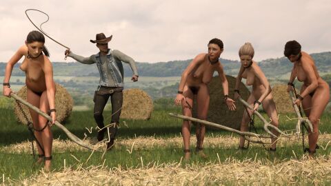 1boy 3d 4girls ankle_cuffs barefoot black_hair blonde_hair bondage breasts chains clothed_male_nude_female collar completely_nude crabbyoldman female femsub forced_labor male maledom multiple_females multiple_girls multiple_subs nude nude_female original shackled_wrists shackles slave slave_collar slave_girl slave_labor slavery whip wrist_cuffs