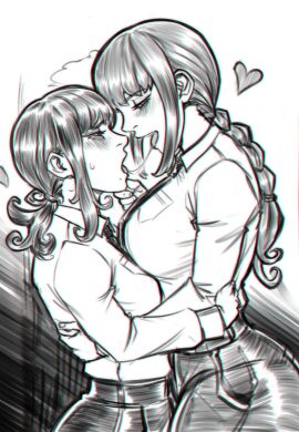 2girls ass big_ass big_breasts black_hair breasts chainsaw_man curvy female female_only femdom femsub franicman higashiyama_kobeni kissing makima_(chainsaw_man) pants saliva saliva_trail shirt sketch symmetrical_docking thick_thighs thighs tie tied_hair tongue tongue_out wide_hips yuri
