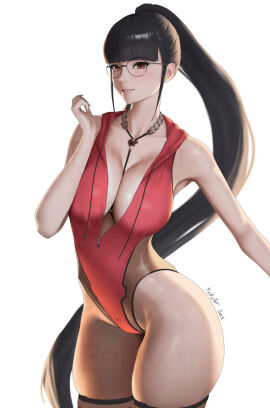 1girls ass big_breasts black_hair breasts brown_eyes eve_(stellar_blade) feikyart female female_only glasses large_breasts long_hair one_eye_closed ponytail stellar_blade swimsuit very_long_hair voluptuous_female