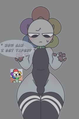 2d aoiizona blush_crunch_studios bodysuit cock_bulge dandy's_world dandy_(dandy's_world) english_text femboy femboy_only flower male paws penis roblox text text_bubble thick_thighs thigh_highs thighhighs