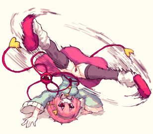 bar_censor black_thighhighs breakdance buttons censored female hair_ornament headstand heart heart_button heart_hair_ornament highres komeiji_satori no_panties pink_hair pussy rampa93 thighhighs third_eye_(touhou) touhou upside-down upskirt
