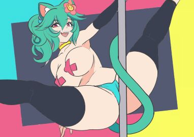 1girls armwear big_breasts breasts cat_ears cat_girl cat_humanoid cat_tail catgirl collar color erect_nipples female green_hair legwear nipples pasties pole_dancing rosedoodle_(vtuber) sketchcolor smiling smiling_at_viewer stevechopz stripper_pole vchiban virtual_youtuber vtuber