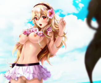absurdres arm_up bangle beach bikini black_bikini black_trim blonde_hair blush bracelet breasts cloud corrin_(fire_emblem) corrin_(fire_emblem)_(female) embarrassed esther-shen esther_shen female fingernails fire_emblem fire_emblem_fates fire_emblem_heroes flower flower_necklace functionally_nude hair_between_eyes hair_flower hair_ornament hairband highres jewelry long_hair looking_at_viewer medium_breasts nail_polish navel necklace nintendo nipples no_panties parted_bangs parted_lips pink_nails pussy red_eyes ribbon ribbon-trimmed_skirt ribbon_trim shiny_skin skirt solo solo_focus sun swimsuit swimsuit_skirt topless_female upskirt water wavy_hair white_skirt wide_hips