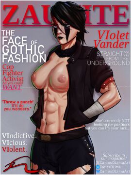 1girls abs angry arcane arcane_brawler_vi arcane_vi black_hair black_lipstick blue_eyes buff carlosdlimaart emo face_paint female goth goth_girl jacket jeans league_of_legends looking_at_viewer magazine magazine_cover muscular muscular_female nose_piercing piercing pinup ripped_clothing scar solo tattoo two-tone_hair vi