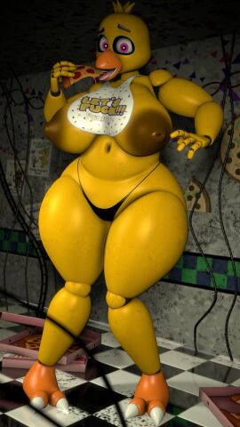 2_toes 3d anthro ass avian beak bib big_ass big_breasts big_butt bird breasts brown_nipples caught_in_the_act caught_off_guard chica_(fnaf) chicken classic_chica_(fnaf) clothed clothing container digital_media_(artwork) eating embarrassed feet female five_nights_at_freddy's food fur galliform gallus_(genus) hi_res horror_(theme) huge_breasts humanoid larger_female machine nipples orange_feet partially_clothed phasianid pink_eyes pizza pizza_box ponlab robot robot_anthro scottgames size_difference solo source_filmmaker_(artwork) thick_thighs thong toes tongue tongue_out underwear wire yellow_body yellow_fur