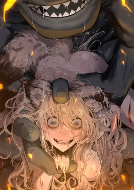 absurdres ape arm_grab arm_held_back blonde_hair blue_hair blush breasts completely_nude crying crying_with_eyes_open cum defeat female freckles haplorhine injury long_hair medium_breasts monster nipples nude open_mouth primate pussy red_eyes restrained ryona sex sex_from_behind shitappa0120 size_difference straight tears torn_clothes vaginal_penetration zoophilia