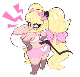 2024 angry annoyed annoyed_expression ass ass_cleavage ass_crack big_ass big_breasts blonde_hair breasts breasts_bigger_than_head bubble_ass bubble_butt butt_crack cleavage cleavage_overflow female furry hair_ribbon hairband hips huge_ass huge_breasts large_breasts pink_bow shorts shortstack skimpy skimpy_clothes theycallhimcake thick_thighs tiffy_cheesecake twintails white_background wide young