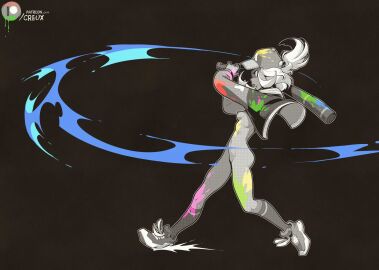 1girls baseball_bat baseball_cap ben_day_dots black_background bob_cut bottomless breasts casual_exposure cede_(creux) creux dark_skin eyelashes female greyscale jacket kneesocks movement_lines naked_footwear nipples no_visible_genitalia open_jacket original paint_on_body paint_on_clothes paint_splatter ponytail small_breasts sneakers splatball spot_color