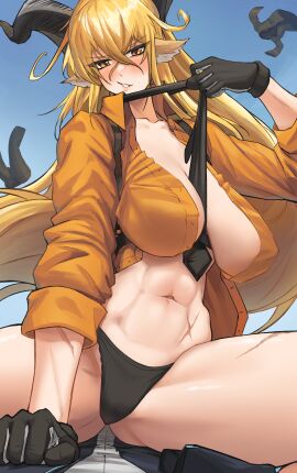 1boy 1girls 2024 abs animal_ears arknights big_breasts blonde_hair breasts cowgirl_position degenbrecher_(arknights) doctor_(arknights) female female_on_top goat_ears goat_girl goat_horns hi_res highres horns imminent_sex kemonomimi legs_apart light-skinned_female light_skin looking_at_viewer male no_bra panties radioneet spread_legs thick_thighs thighs tie tie_between_breasts